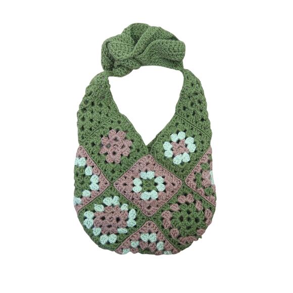 Vintage Handbags - Vintage Handmade Olive Green Granny Square Crochet Knit Crossbody Bag Purse